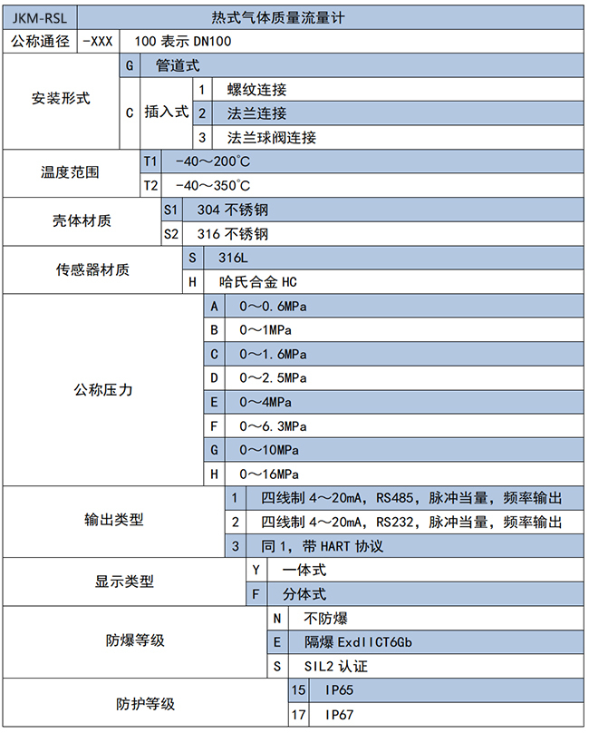 DN150熱式氣體質(zhì)量流量計(jì)選項(xiàng)表